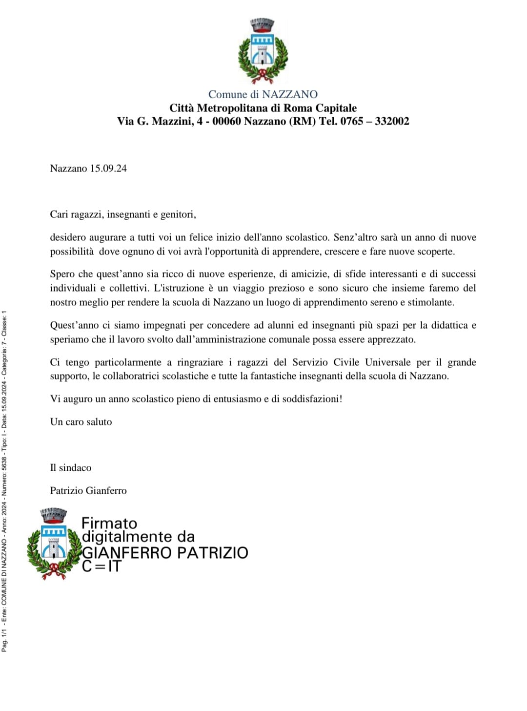 Lettera del sindaco - inizio anno scolastico